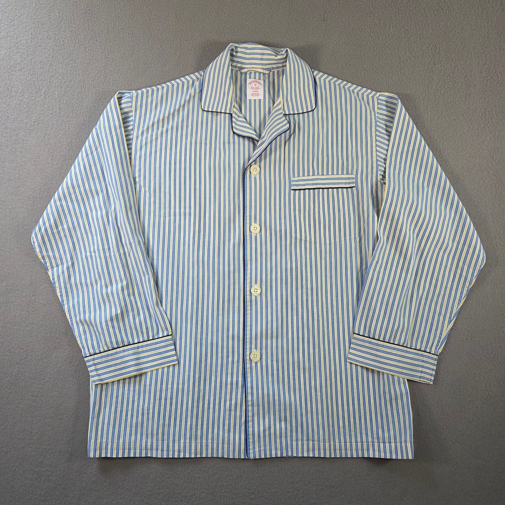 Brooks Brothers Pajama Top Men Medium Blue Yellow Striped All Cotton Night Shirt